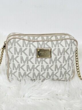 Michael Kors Beige Cream MK Monogram Crossbody Bag Gold Chain Purse